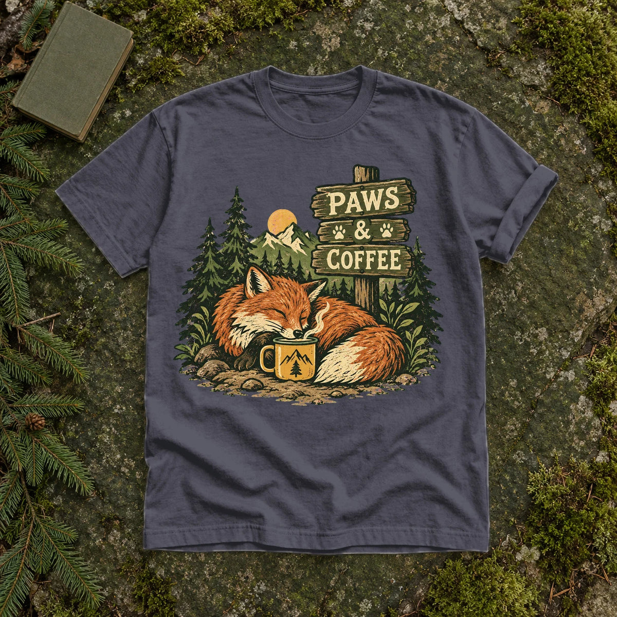 Paws & Coffee Fox Graphic Tee on Navy Premium Tee