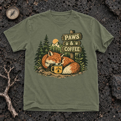 Paws & Coffee Fox Graphic Tee on Moss Premium Tee