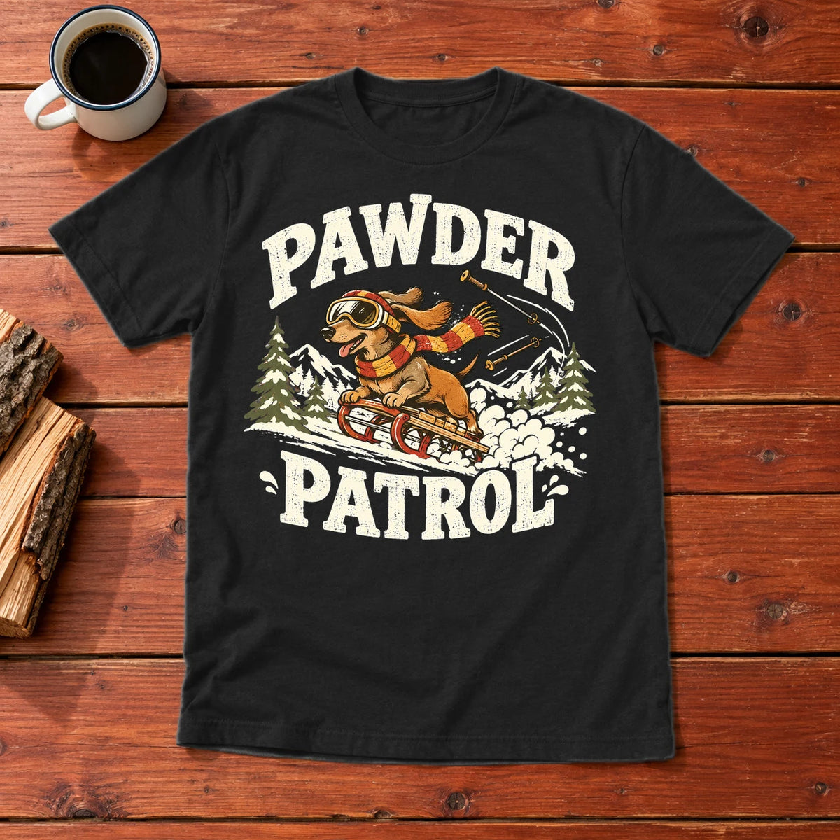 Pawder Patrol Dachshund Ski Graphic Tee on Black Everyday Soft Tee