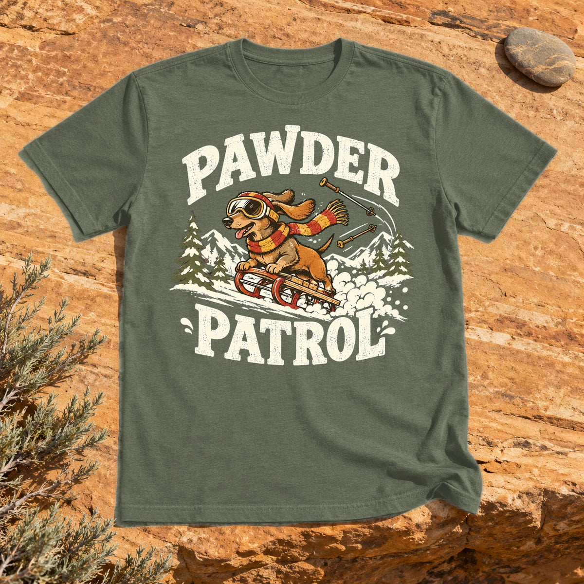Pawder Patrol Dachshund Ski Graphic Tee on Military Green Everyday Soft Tee