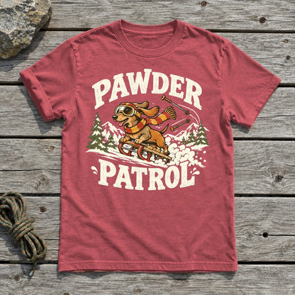 Pawder Patrol Dachshund Ski Graphic Tee on Heather Red Everyday Soft Tee