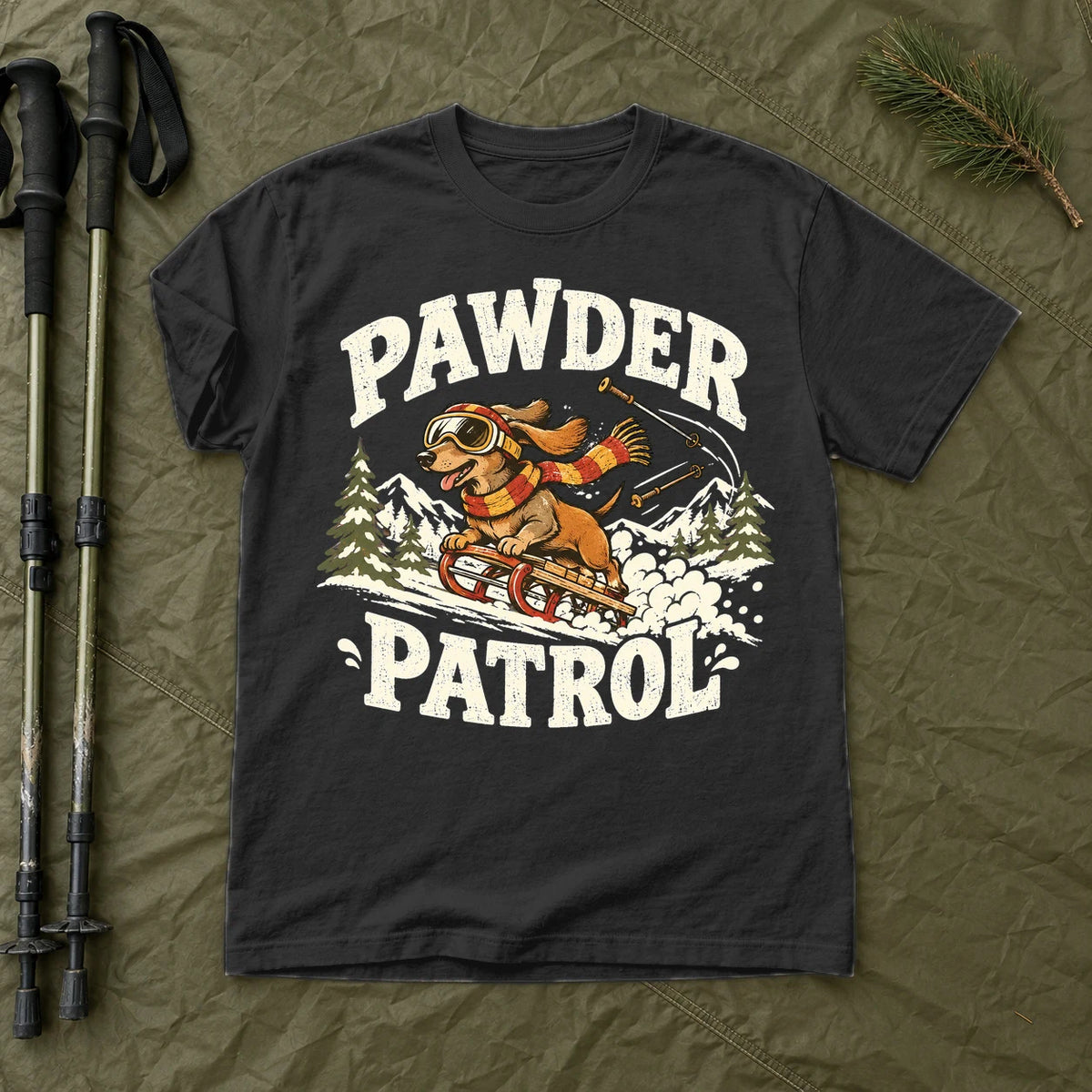Pawder Patrol Dachshund Ski Graphic Tee on Black Premium Tee