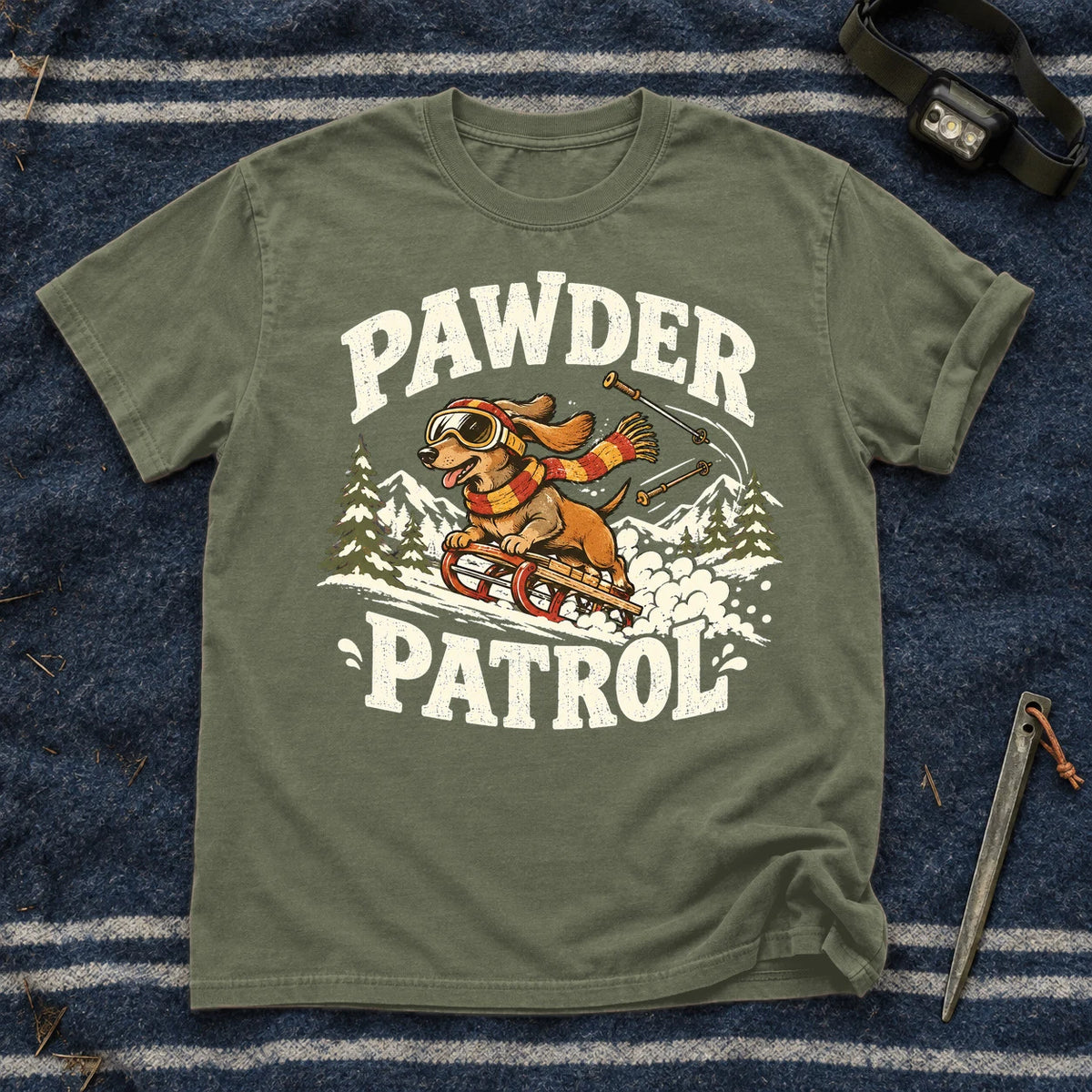 Pawder Patrol Dachshund Ski Graphic Tee on Moss Premium Tee