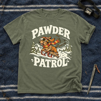 Pawder Patrol Dachshund Ski Graphic Tee on Moss Premium Tee
