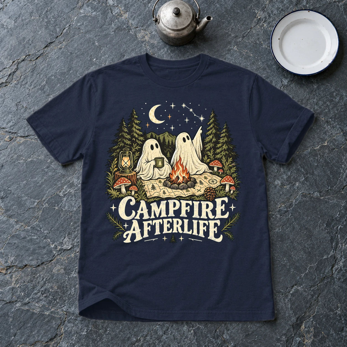 Campfire Afterlife Ghost Graphic Tee on Navy Everyday Soft Tee