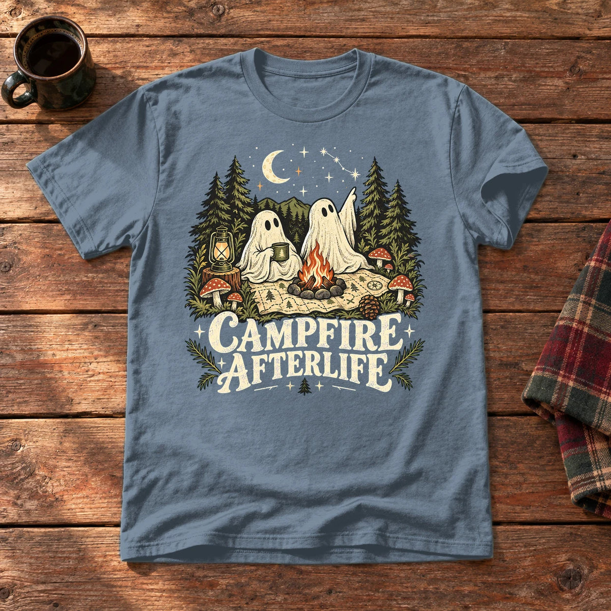 Campfire Afterlife Ghost Graphic Tee on Heather Indigo Everyday Soft Tee