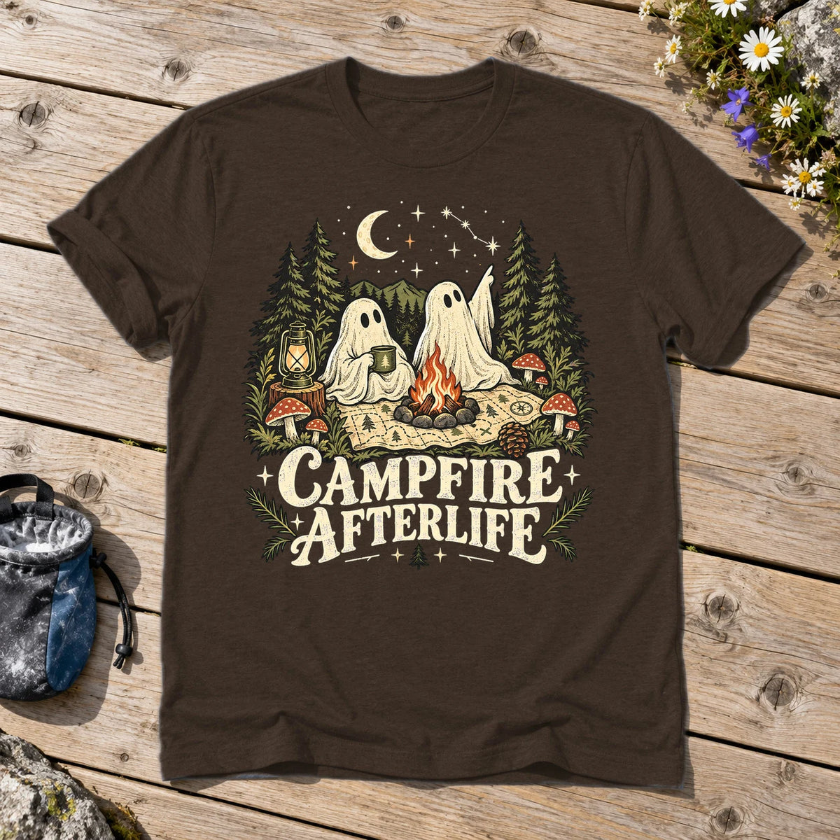 Campfire Afterlife Ghost Graphic Tee on Dark Chocolate Everyday Soft Tee