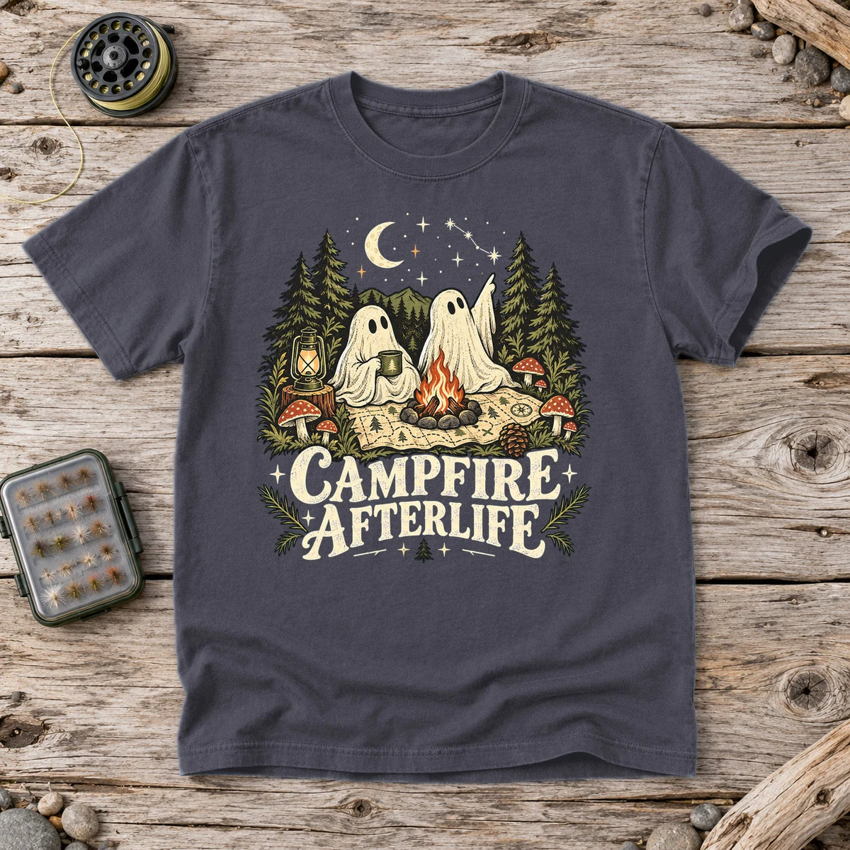 Campfire Afterlife Ghost Graphic Tee on Navy Premium Tee