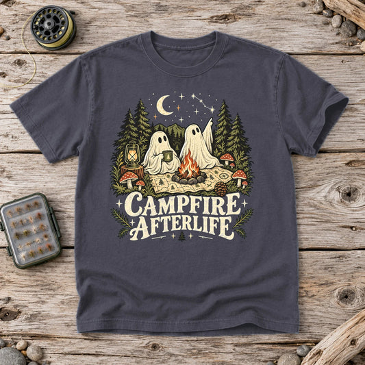 Campfire Afterlife Ghost Graphic Tee on Navy Premium Tee