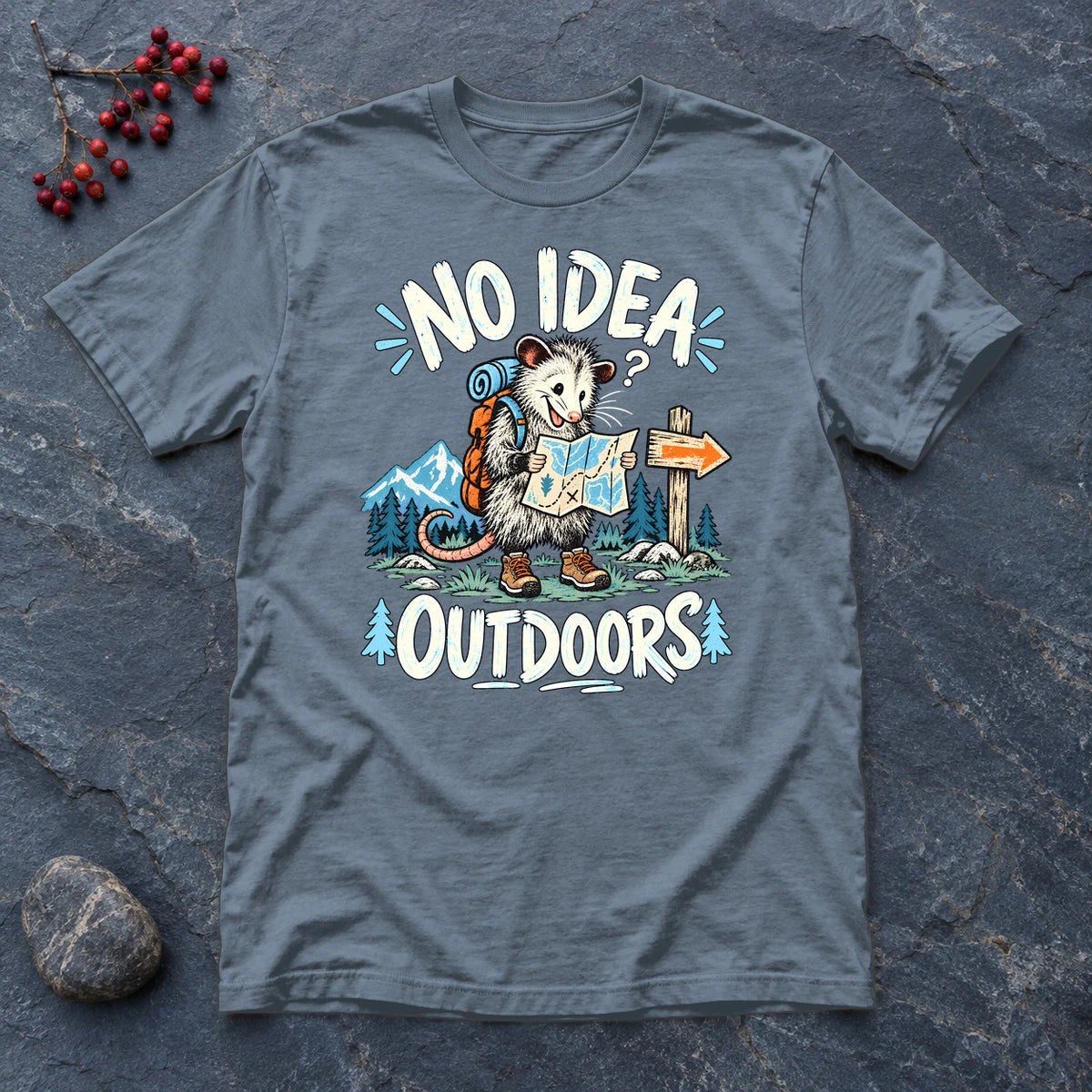 No Idea Outdoors Opossum Graphic Tee on Heather Indigo Everyday Soft Tee