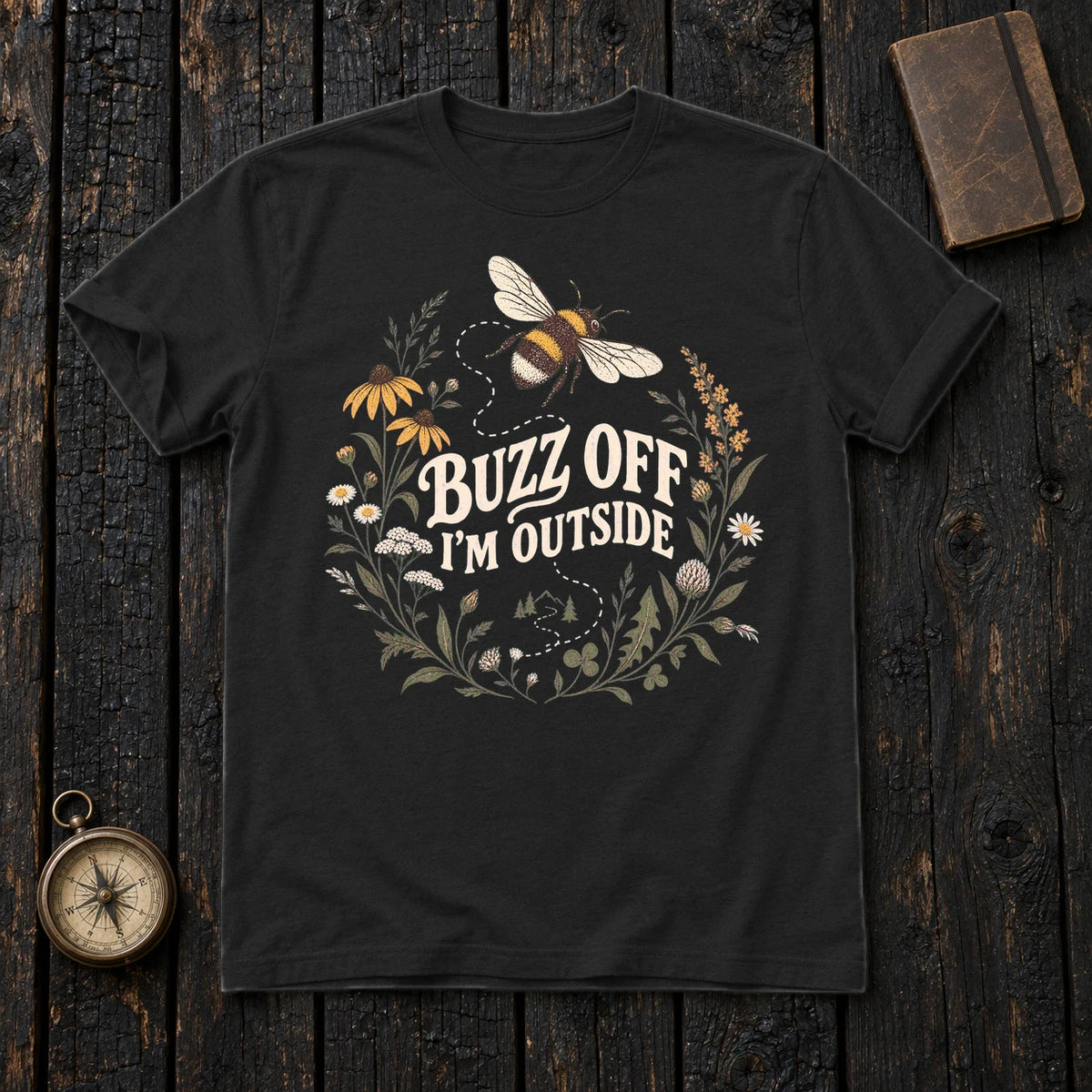 Buzz Off I'm Outside Botanical Graphic Tee on Black Everyday Soft Tee