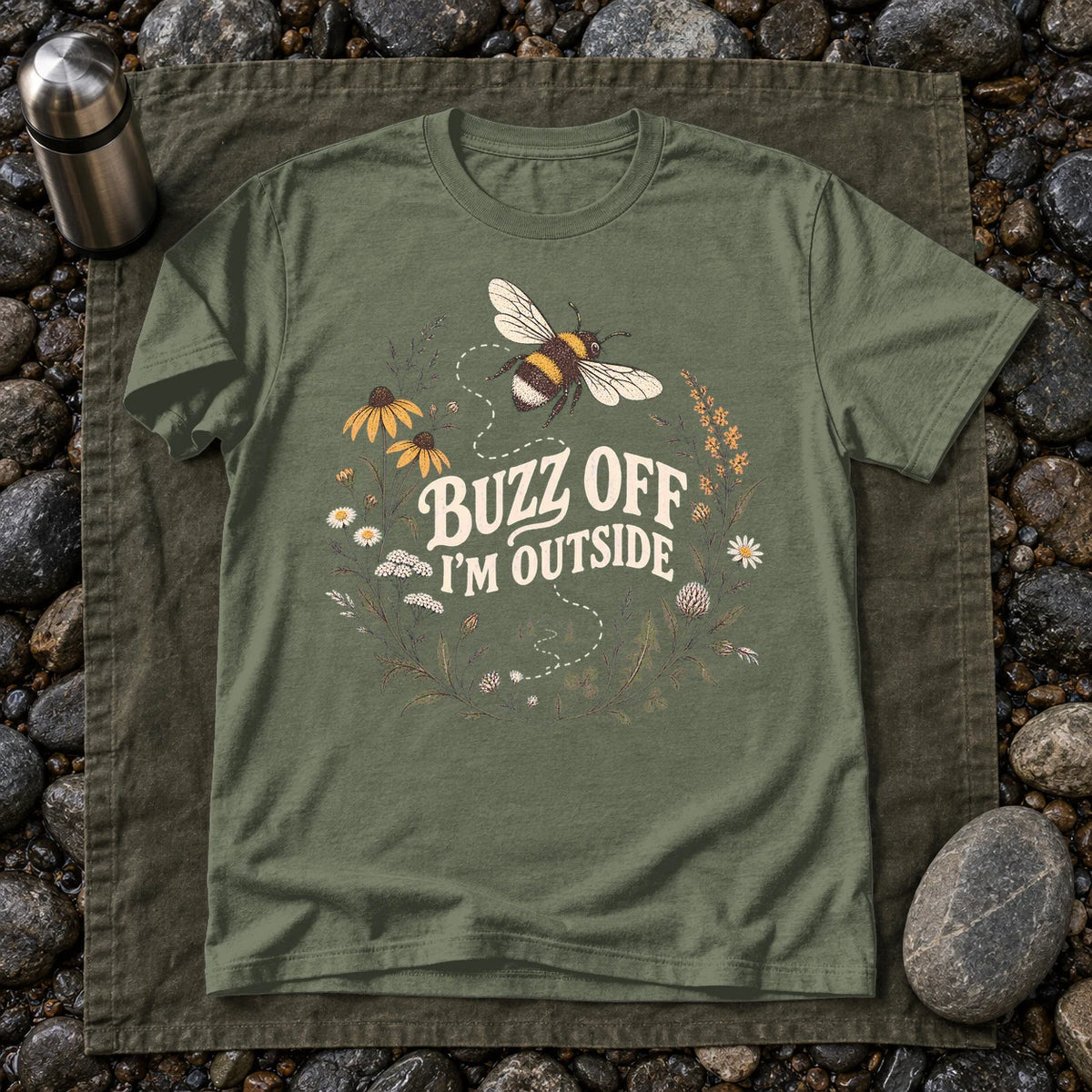 Buzz Off I'm Outside Botanical Graphic Tee on Military Green Everyday Soft Tee