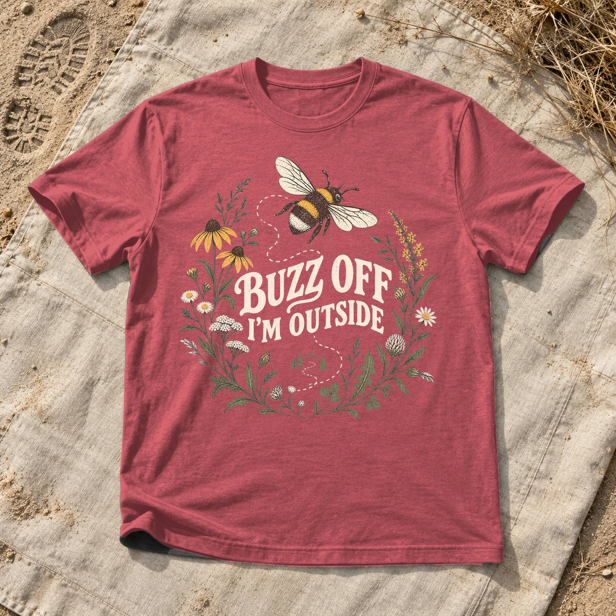Buzz Off I'm Outside Botanical Graphic Tee on Heather Red Everyday Soft Tee