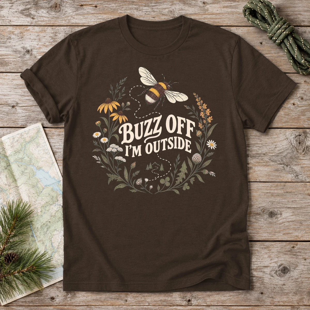 Buzz Off I'm Outside Botanical Graphic Tee on Dark Chocolate Everyday Soft Tee