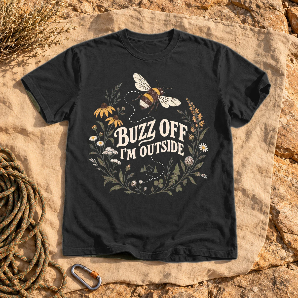 Buzz Off I'm Outside Botanical Graphic Tee on Black Premium Tee