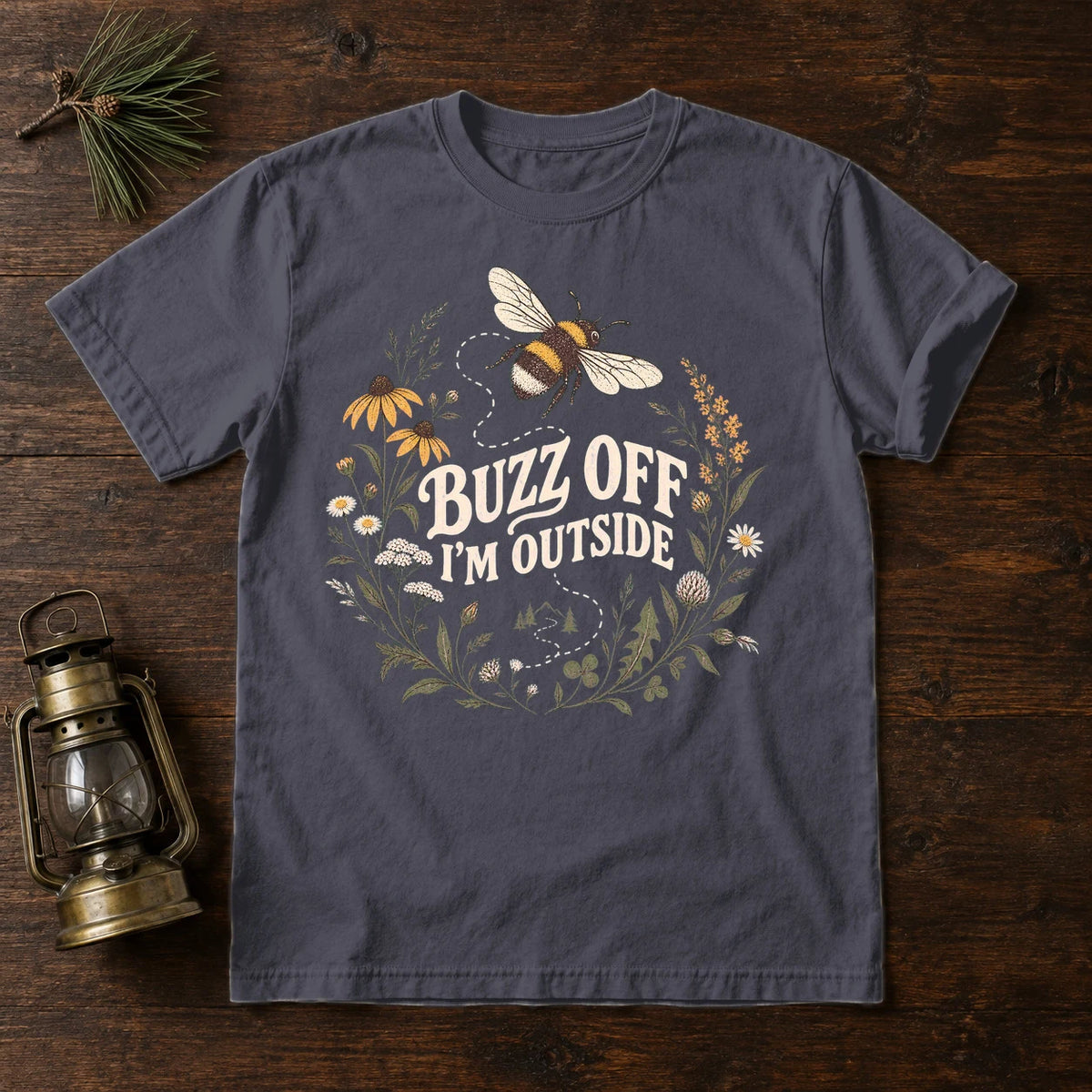 Buzz Off I'm Outside Botanical Graphic Tee on Navy Premium Tee