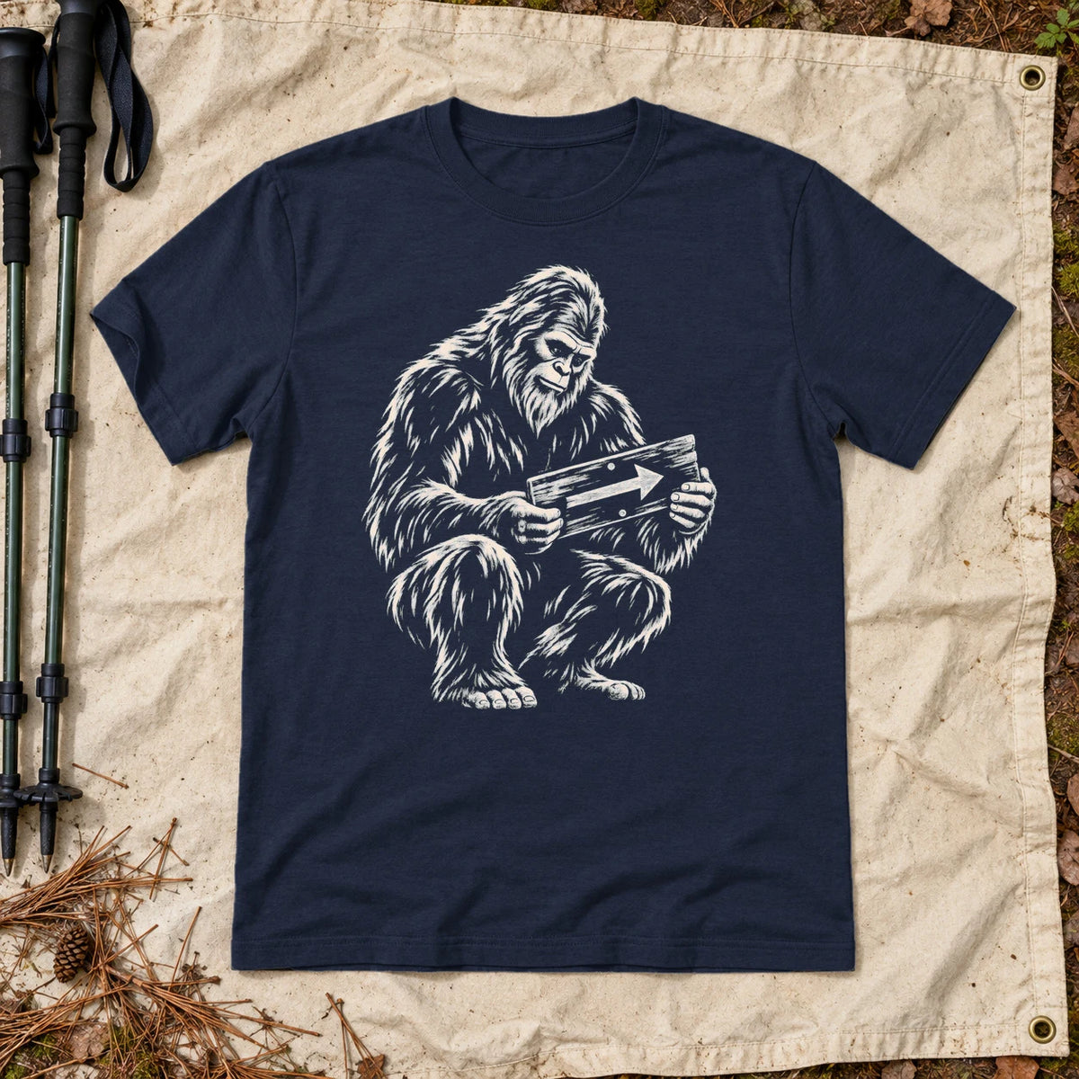 Sasquatch Trail Guide Graphic Tee on Navy Everyday Soft Tee