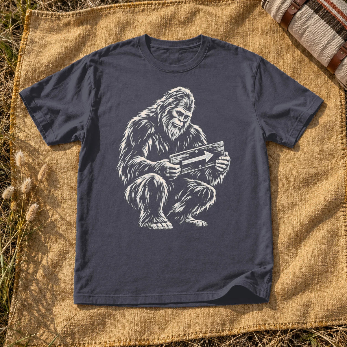 Sasquatch Trail Guide Graphic Tee on Navy Premium Tee