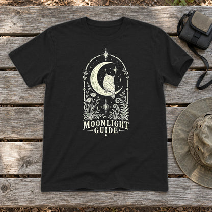 Moonlight Guide Celestial Owl Graphic Tee on Black Everyday Soft Tee