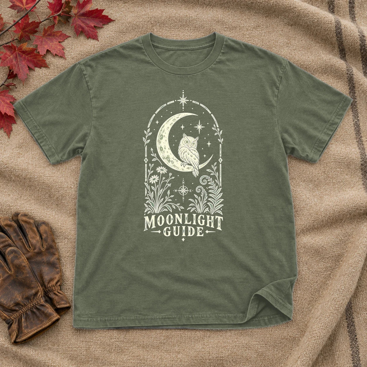 Moonlight Guide Celestial Owl Graphic Tee on Military Green Everyday Soft Tee