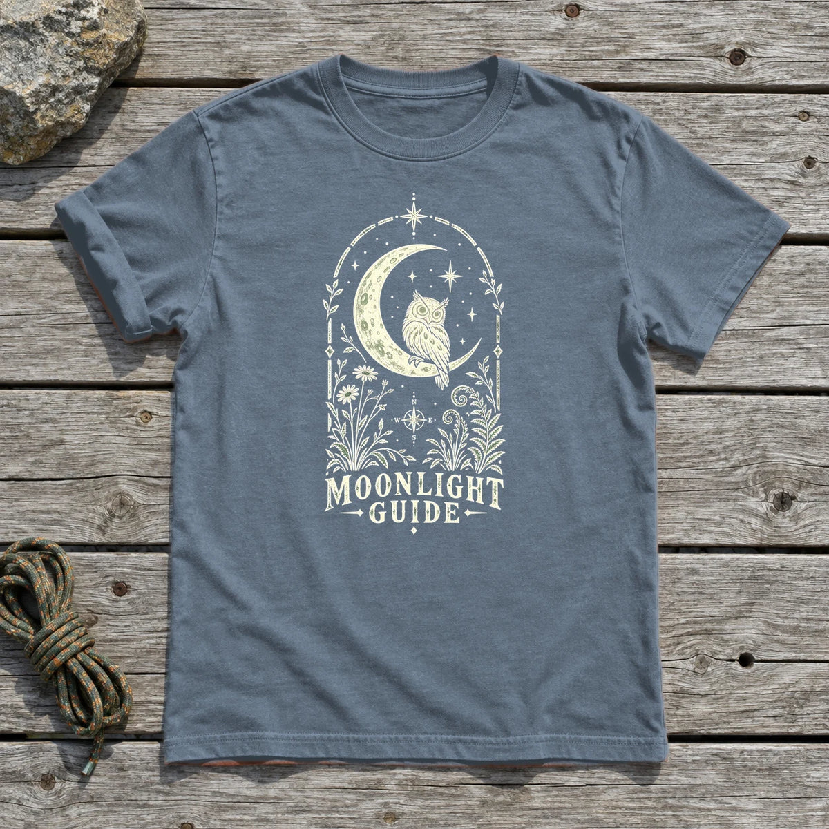 Moonlight Guide Celestial Owl Graphic Tee on Heather Indigo Everyday Soft Tee