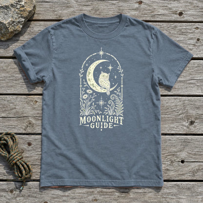 Moonlight Guide Celestial Owl Graphic Tee on Heather Indigo Everyday Soft Tee