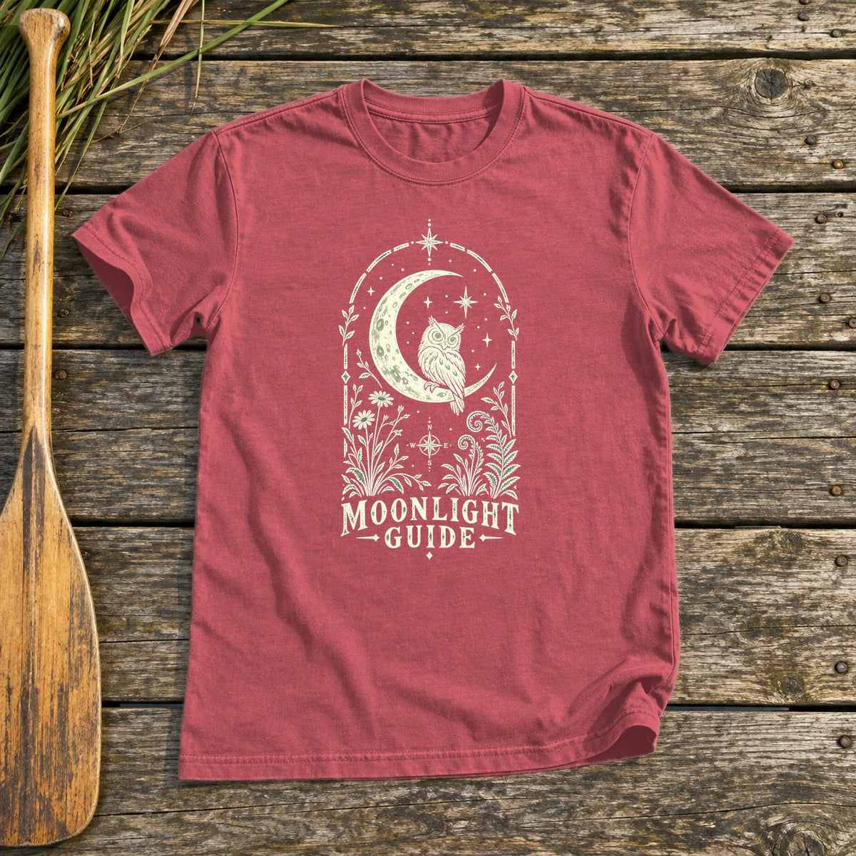Moonlight Guide Celestial Owl Graphic Tee on Heather Red Everyday Soft Tee