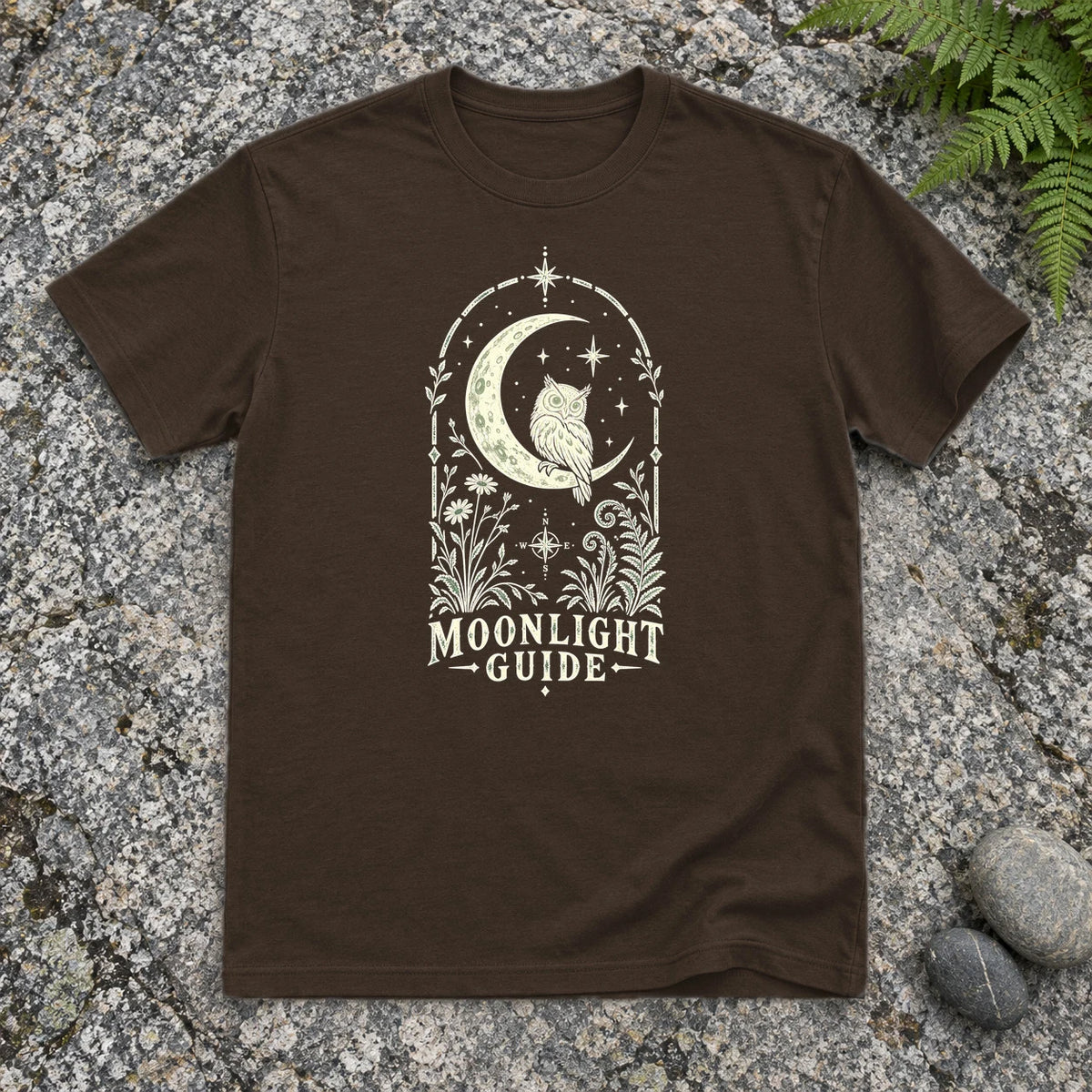 Moonlight Guide Celestial Owl Graphic Tee on Dark Chocolate Everyday Soft Tee