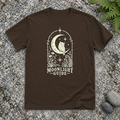 Moonlight Guide Celestial Owl Graphic Tee on Dark Chocolate Everyday Soft Tee