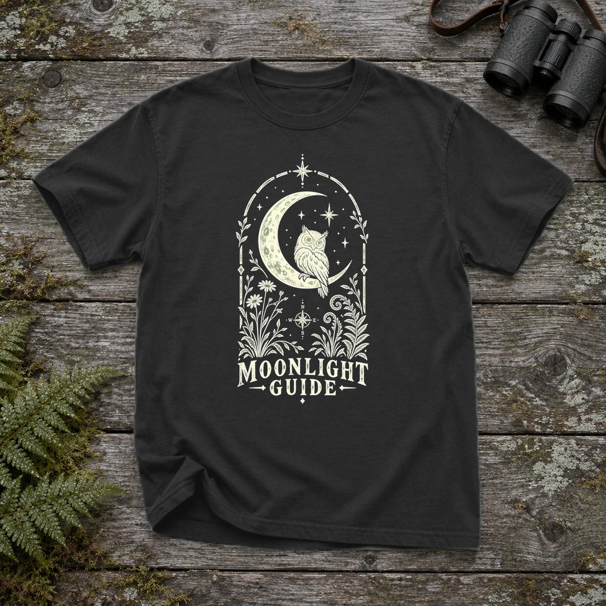 Moonlight Guide Celestial Owl Graphic Tee on Black Premium Tee