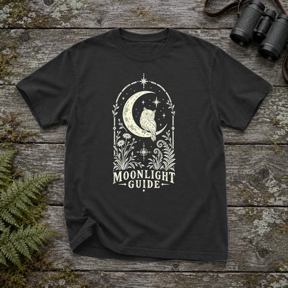 Moonlight Guide Celestial Owl Graphic Tee on Black Premium Tee
