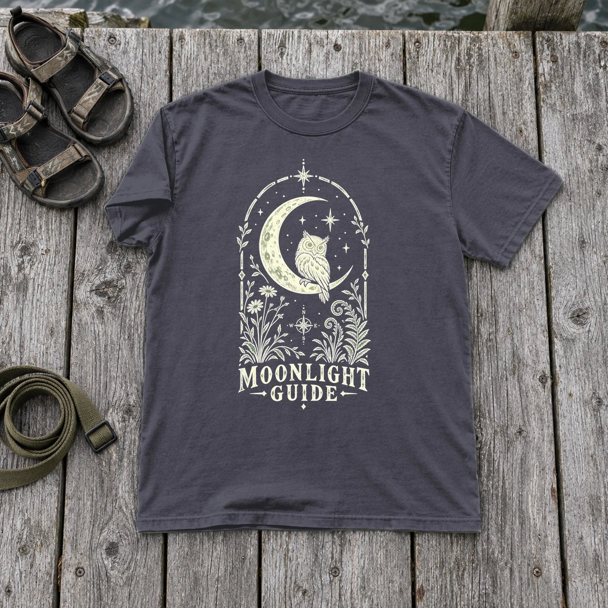 Moonlight Guide Celestial Owl Graphic Tee on Navy Premium Tee
