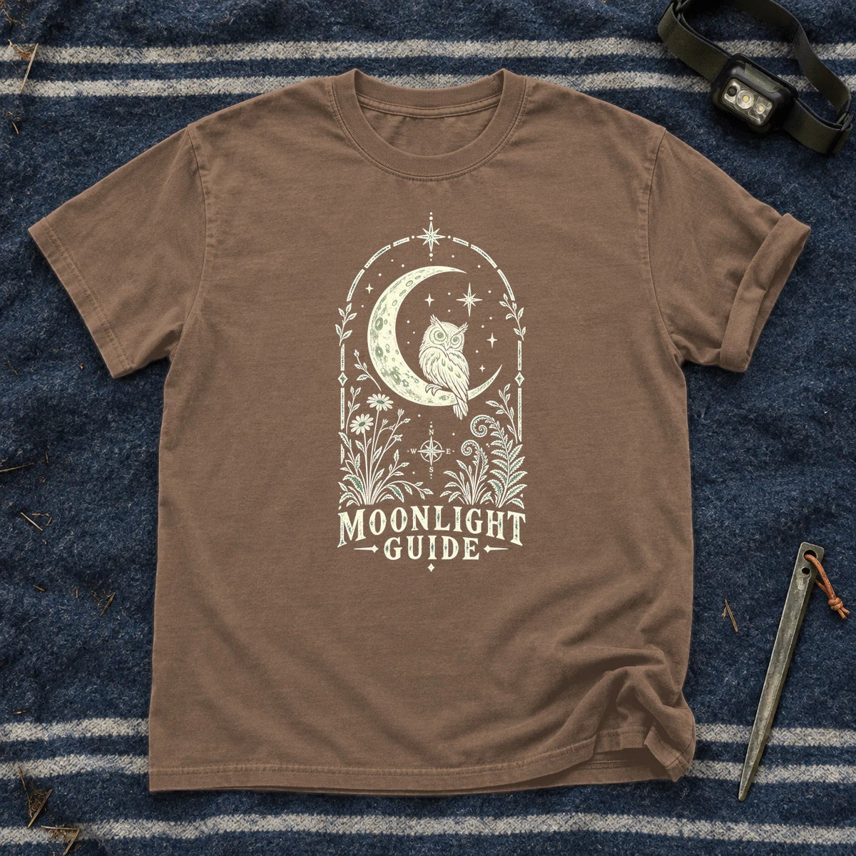 Moonlight Guide Celestial Owl Graphic Tee on Espresso Premium Tee