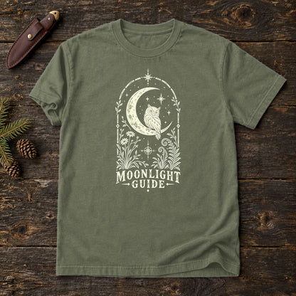Moonlight Guide Celestial Owl Graphic Tee on Moss Premium Tee