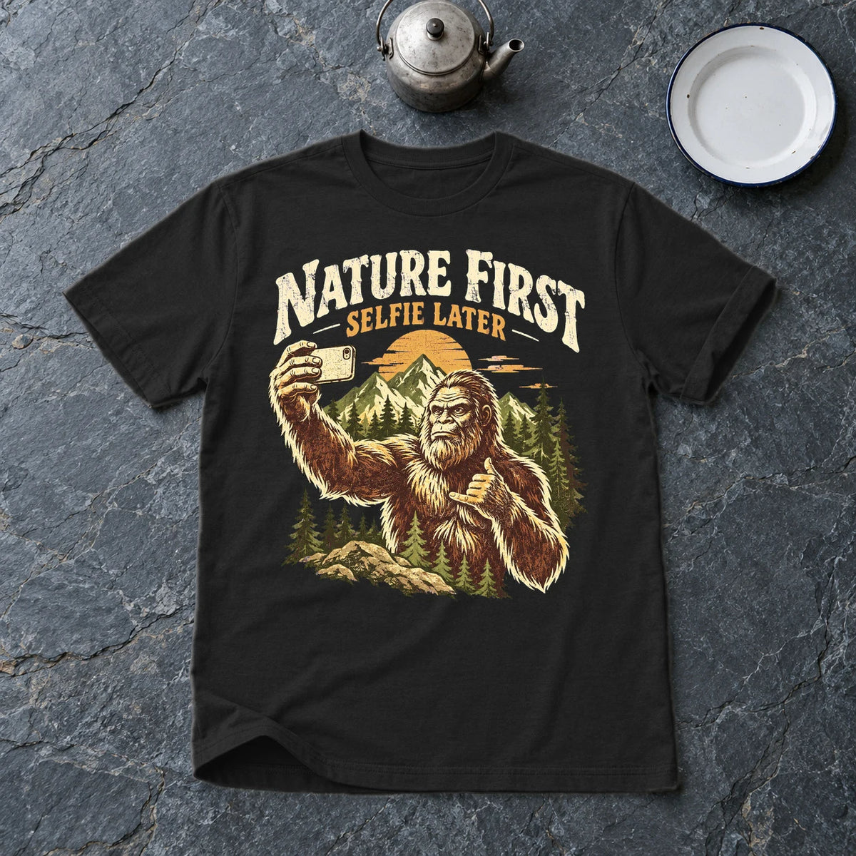 Nature First Bigfoot Graphic Tee on Black Everyday Soft Tee