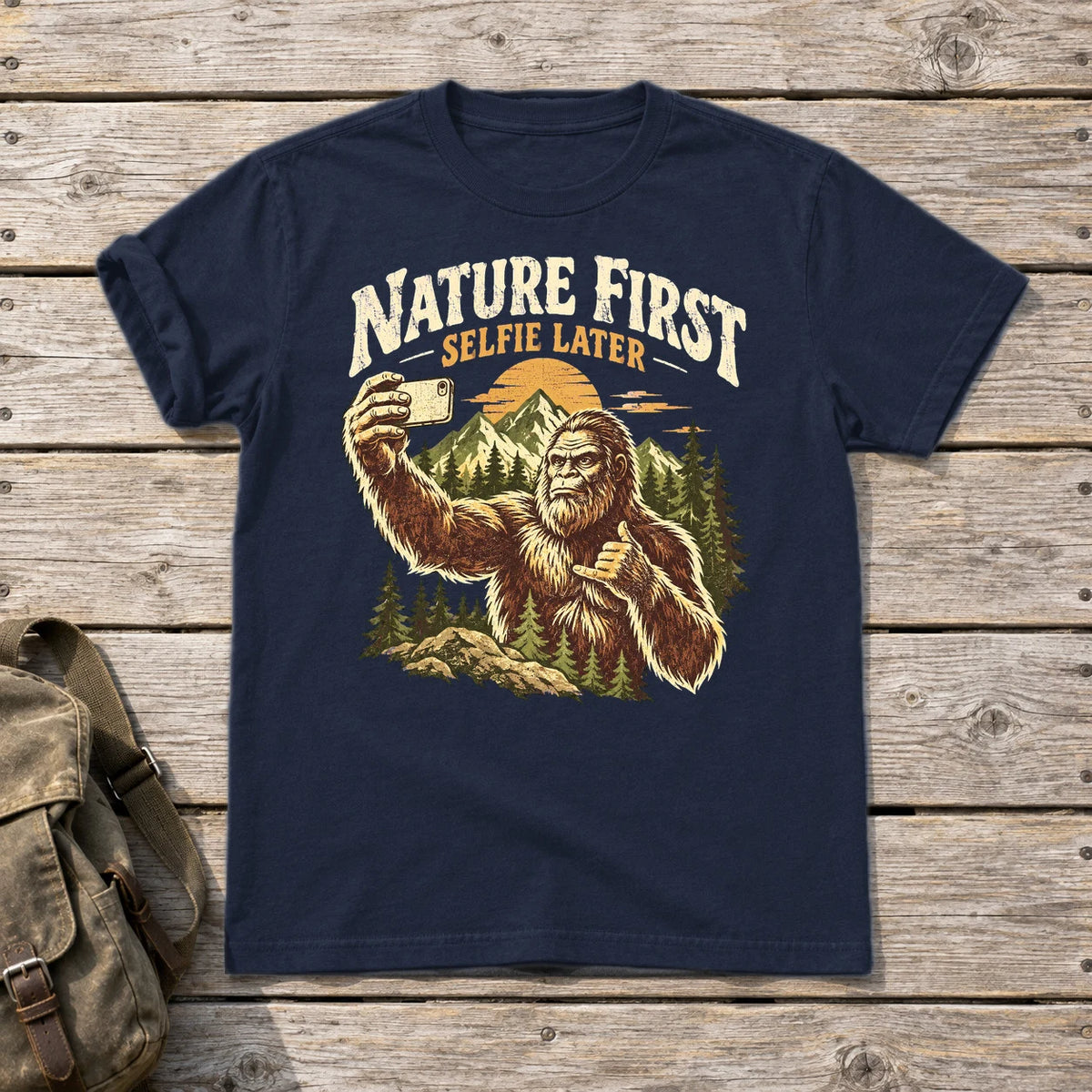 Nature First Bigfoot Graphic Tee on Navy Everyday Soft Tee