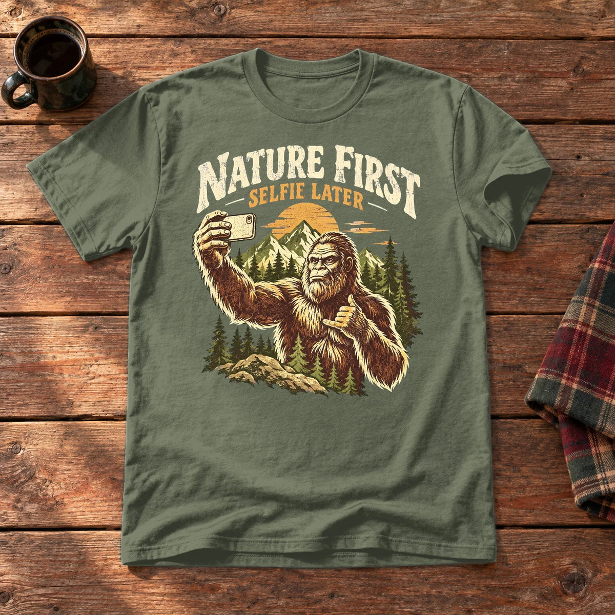 Nature First Bigfoot Graphic Tee on Military Green Everyday Soft Tee