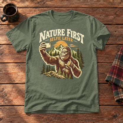 Nature First Bigfoot Graphic Tee on Military Green Everyday Soft Tee