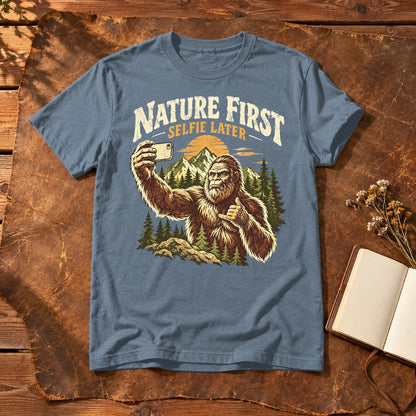 Nature First Bigfoot Graphic Tee on Heather Indigo Everyday Soft Tee