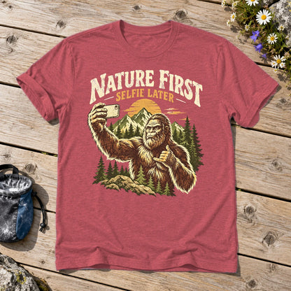Nature First Bigfoot Graphic Tee on Heather Red Everyday Soft Tee