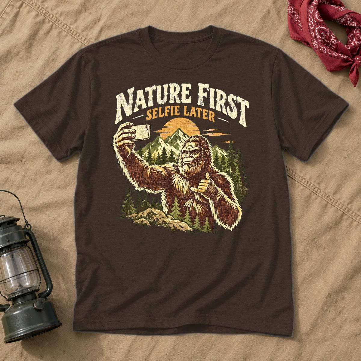 Nature First Bigfoot Graphic Tee on Dark Chocolate Everyday Soft Tee