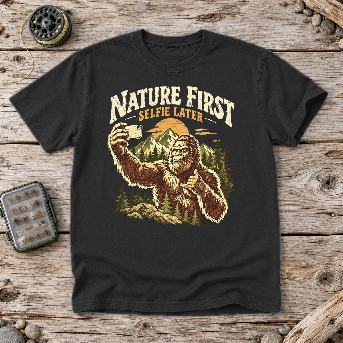 Nature First Bigfoot Graphic Tee on Black Premium Tee