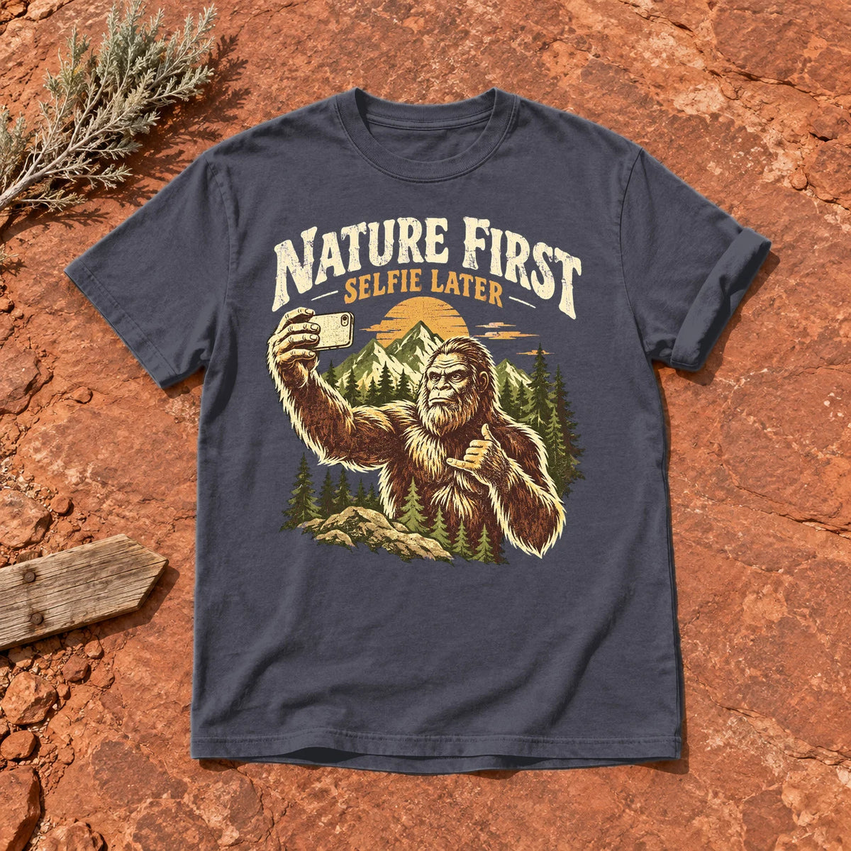 Nature First Bigfoot Graphic Tee on Navy Premium Tee