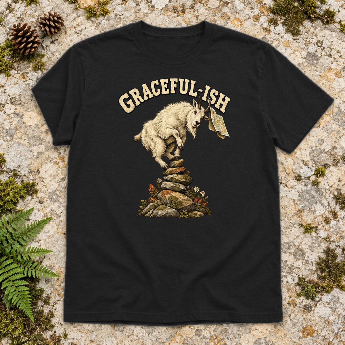 Graceful-ish Mountain Goat Graphic Tee on Black Everyday Soft Tee
