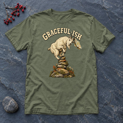 Graceful-ish Mountain Goat Graphic Tee on Military Green Everyday Soft Tee