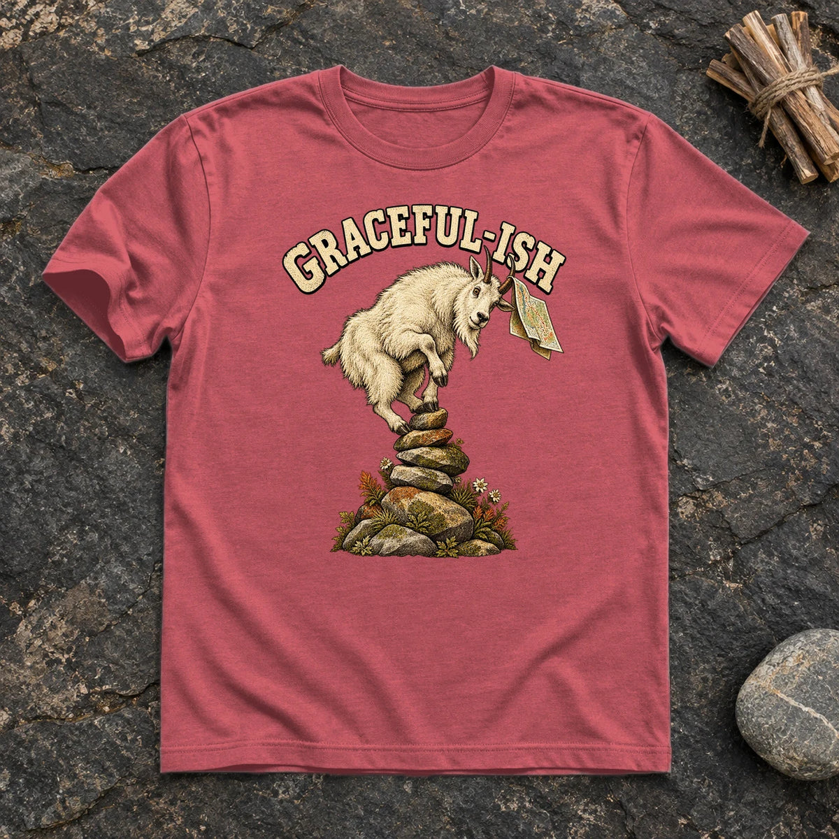 Graceful-ish Mountain Goat Graphic Tee on Heather Red Everyday Soft Tee