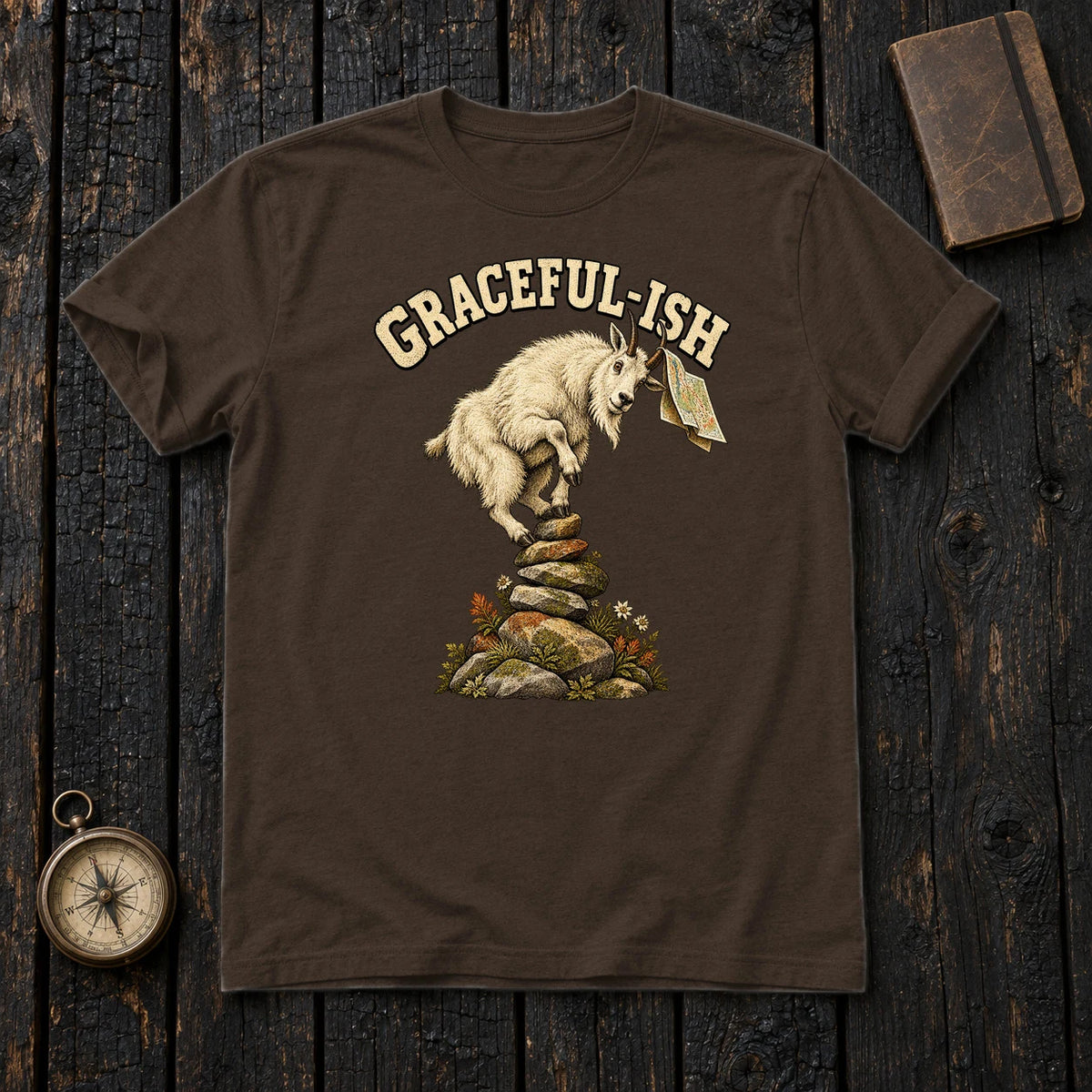 Graceful-ish Mountain Goat Graphic Tee on Dark Chocolate Everyday Soft Tee