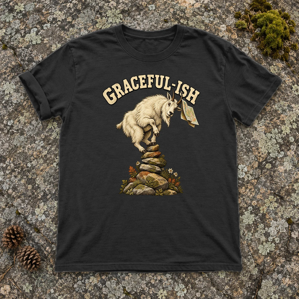 Graceful-ish Mountain Goat Graphic Tee on Black Premium Tee
