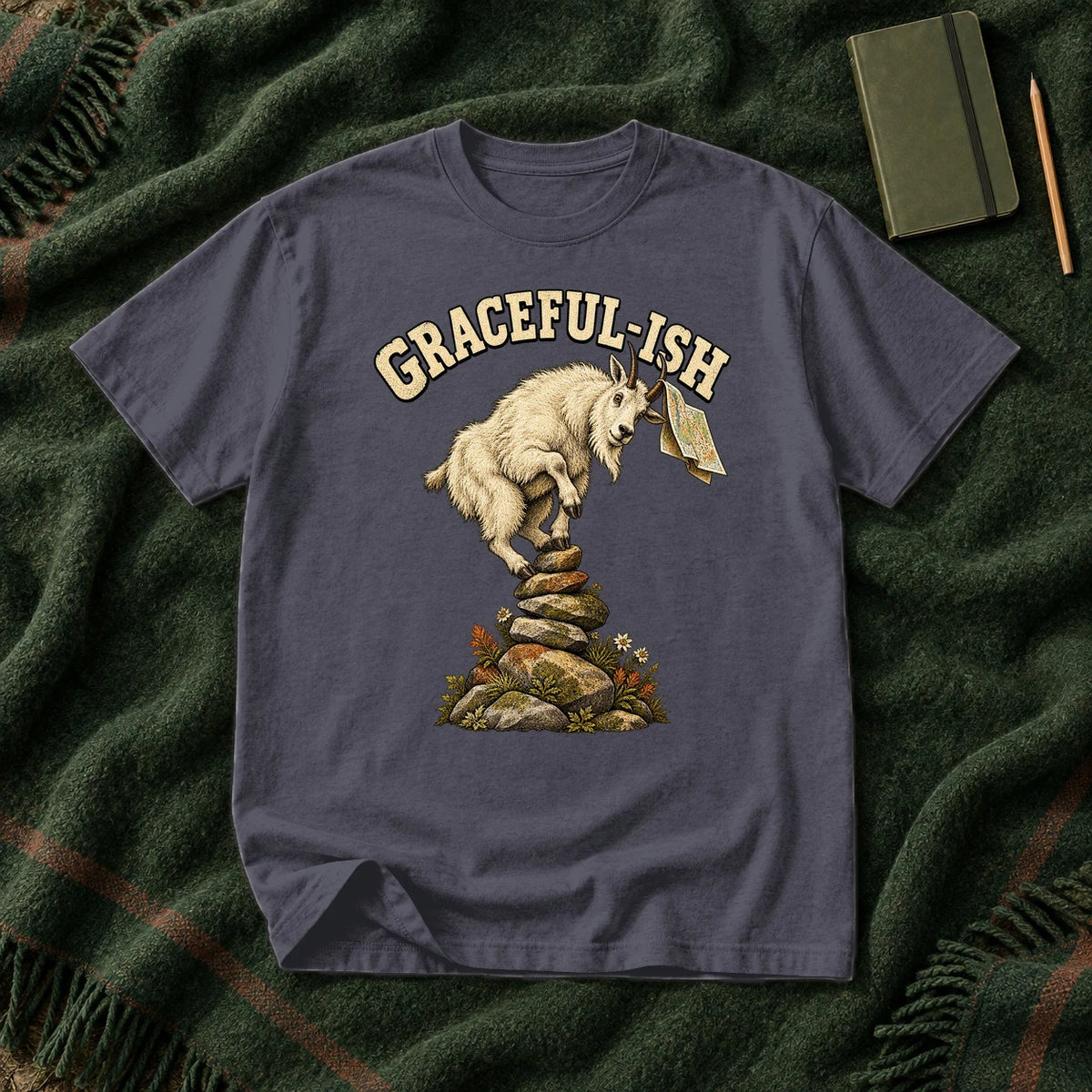 Graceful-ish Mountain Goat Graphic Tee on Navy Premium Tee