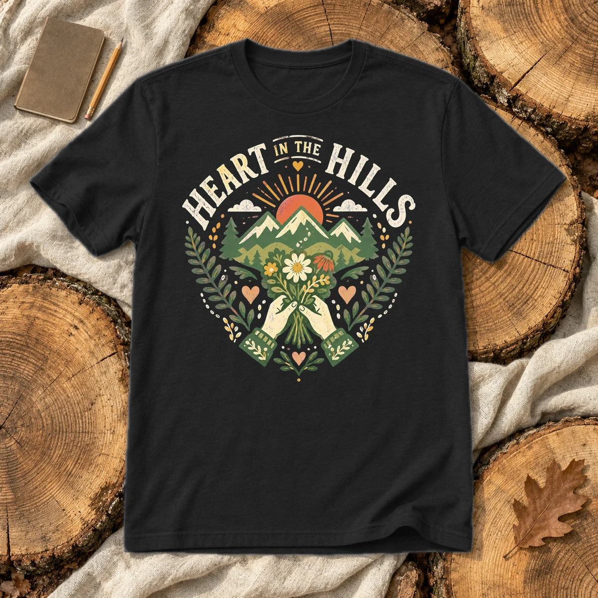 Heart in the Hills Retro Nature Graphic Tee on Black Everyday Soft Tee